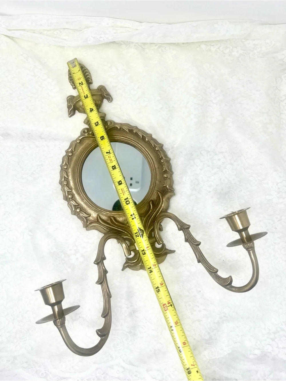 Set of 2 Vintage Ornate Brass Wall Mirror Sconce with Dual Candle Holders